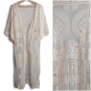 Medalion Embroidery | Lace & Mesh Sheer Floral Long Duster Cardigan Sz S